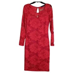 Sambora Red Solid Long Sleeve Lace Dress